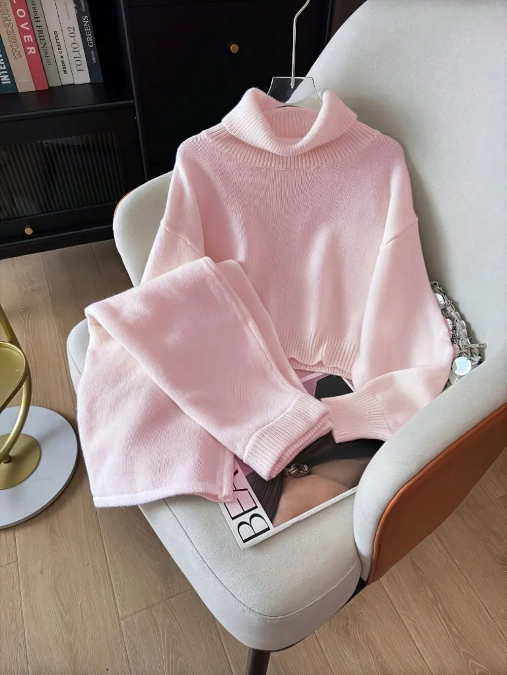 Pink Casual Women's High Neck Knit Sweater top  & skirt 2 piece set